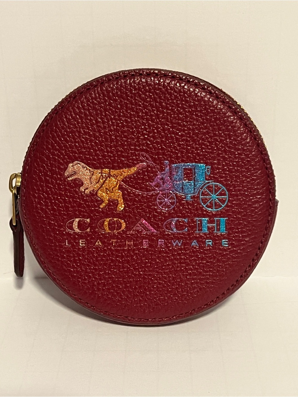 Coach Rexy & Carriage Round Coin Case 88766 Deep Red Rainbow Leather